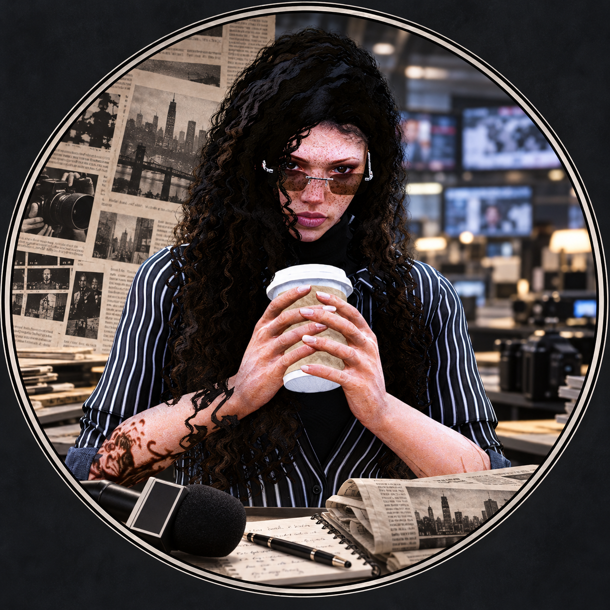 Portrait circulaire d’une femme aux cheveux bouclés tenant un café, avec un décor de journaux