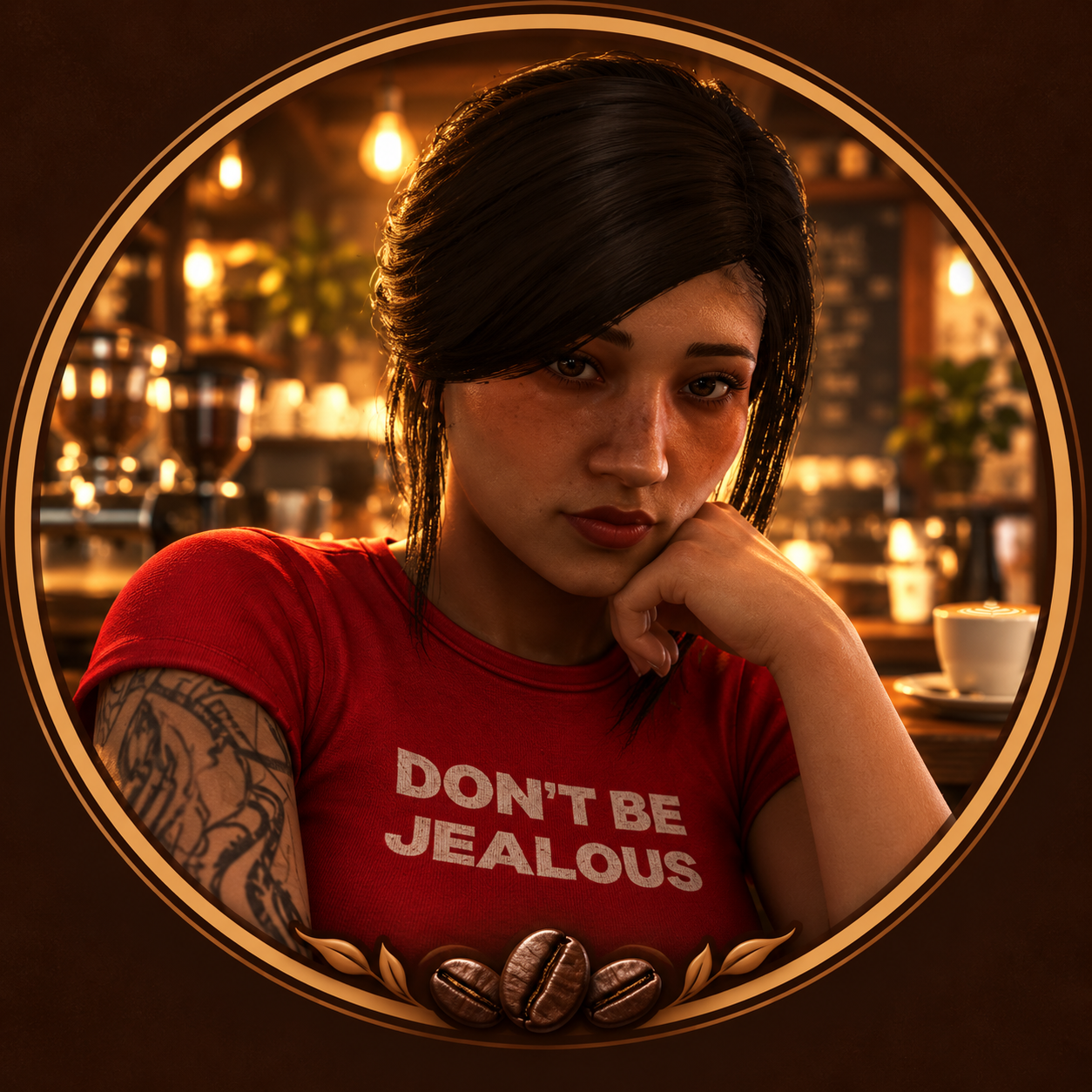 Portrait circulaire d’une femme en haut rouge dans un café, avec une bordure cuivrée et des grains de café